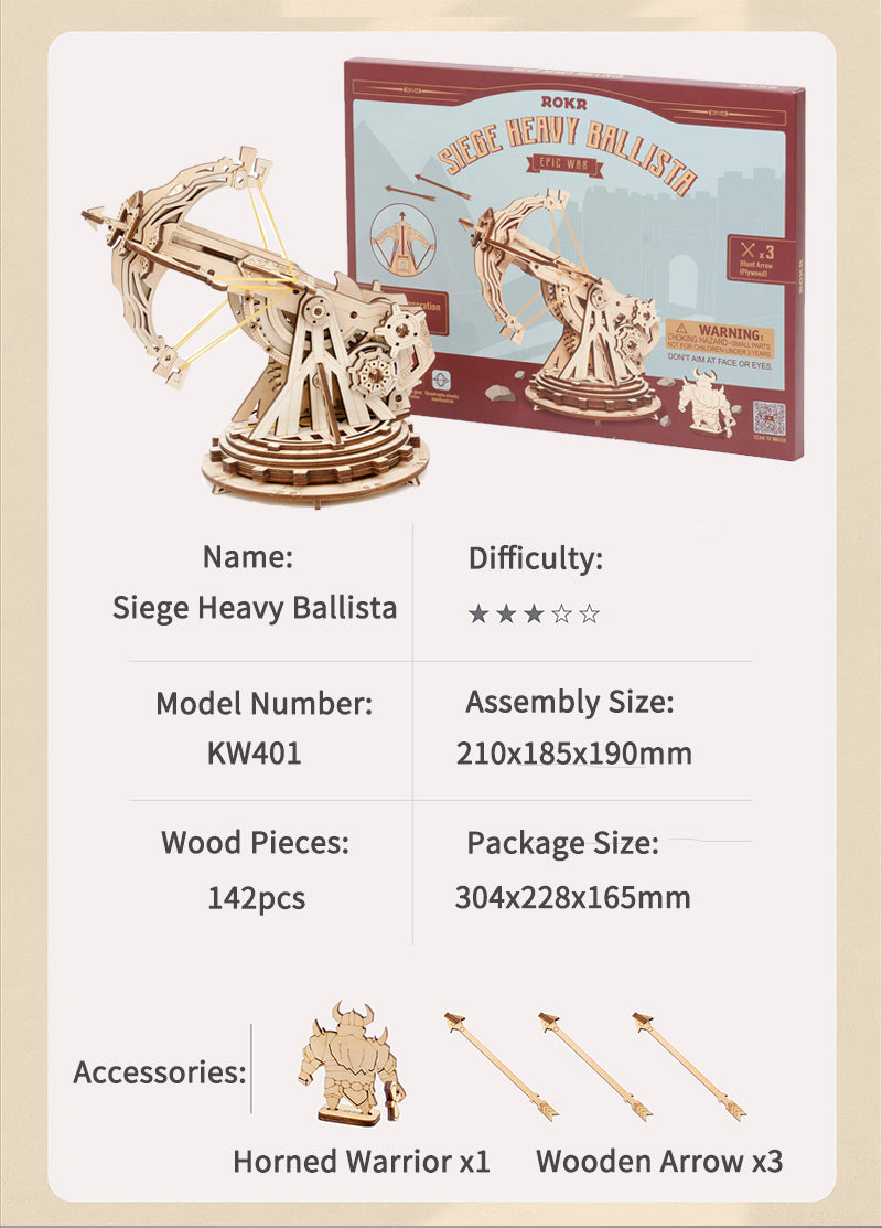 Robotime ROKR Siege Heavy Ballista - Puzzle 3D en bois - Jeu de guerre à assembler - Cadeau pour enfants - KW401