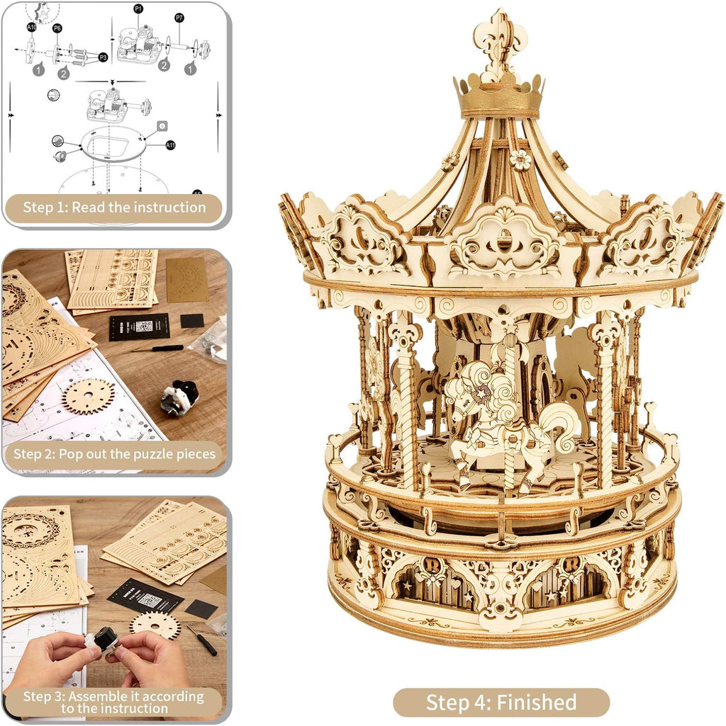 Robotime Rokr, kit de construction de puzzles en bois 3D, boîte à musique à monter soi-même, carrousel romantique rotatif