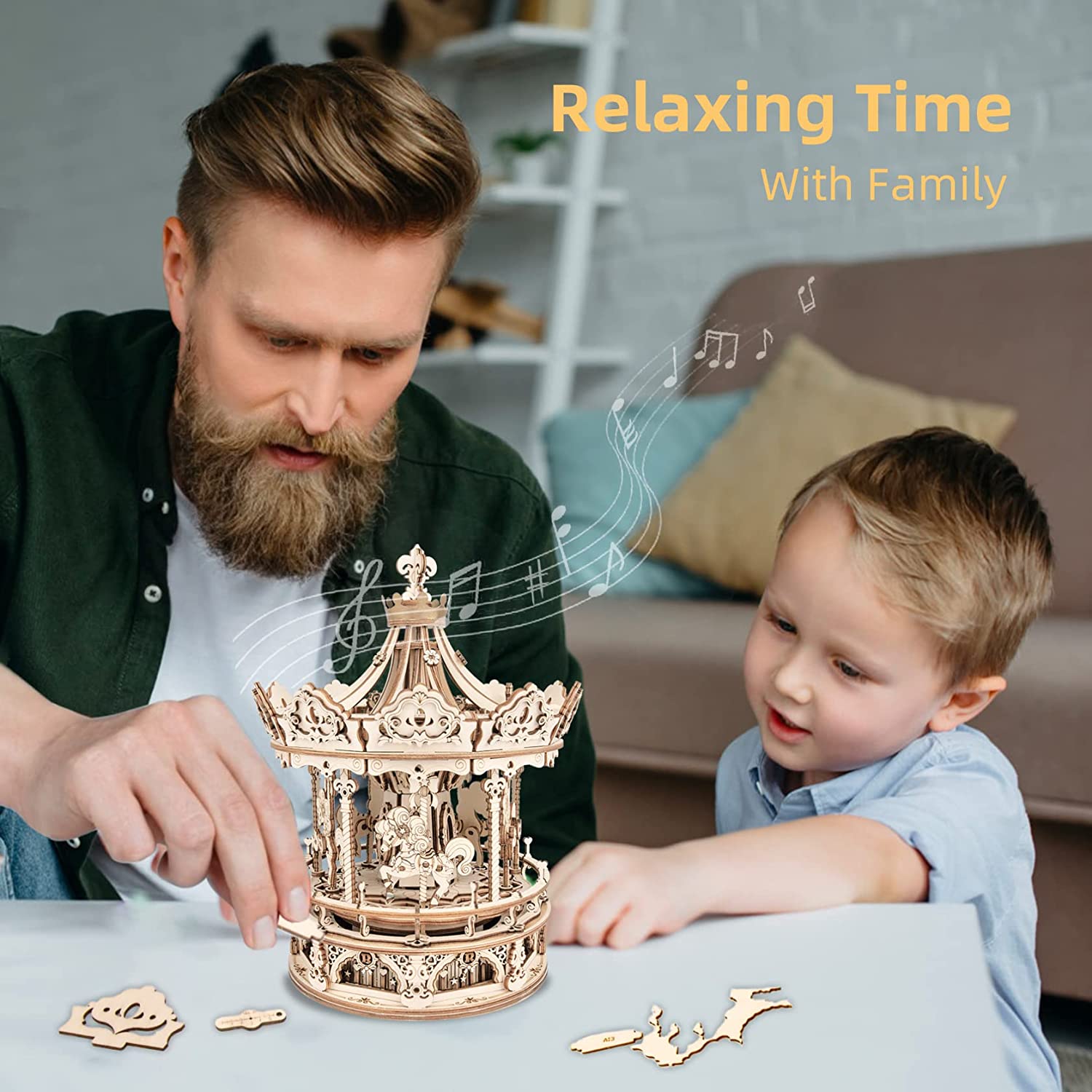 Robotime Rokr, kit de construction de puzzles en bois 3D, boîte à musique à monter soi-même, carrousel romantique rotatif