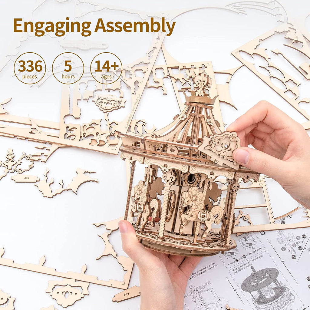 Robotime Rokr, kit de construction de puzzles en bois 3D, boîte à musique à monter soi-même, carrousel romantique rotatif