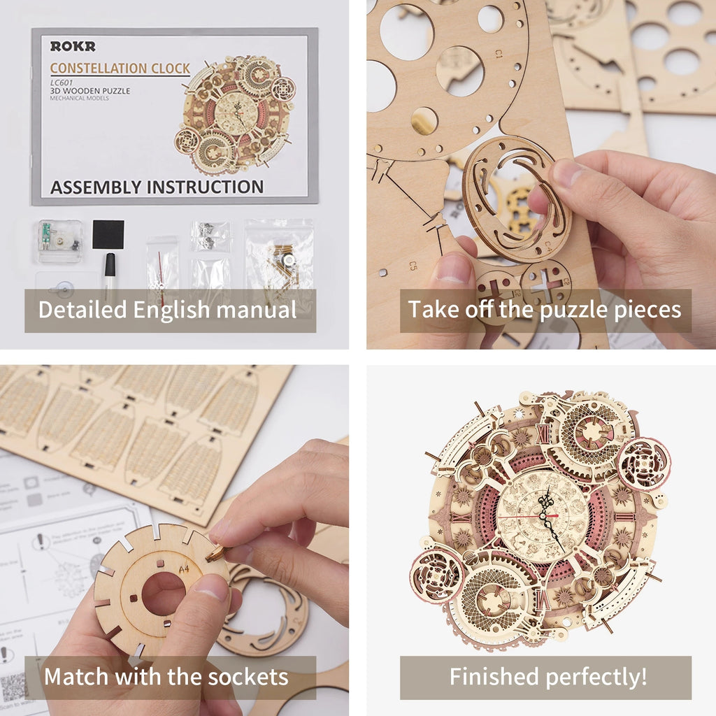 Horloge murale Robotime ROKR Zodiaque, puzzle 3D en bois à assembler, jouet cadeau pour enfants et adolescents LC601.
