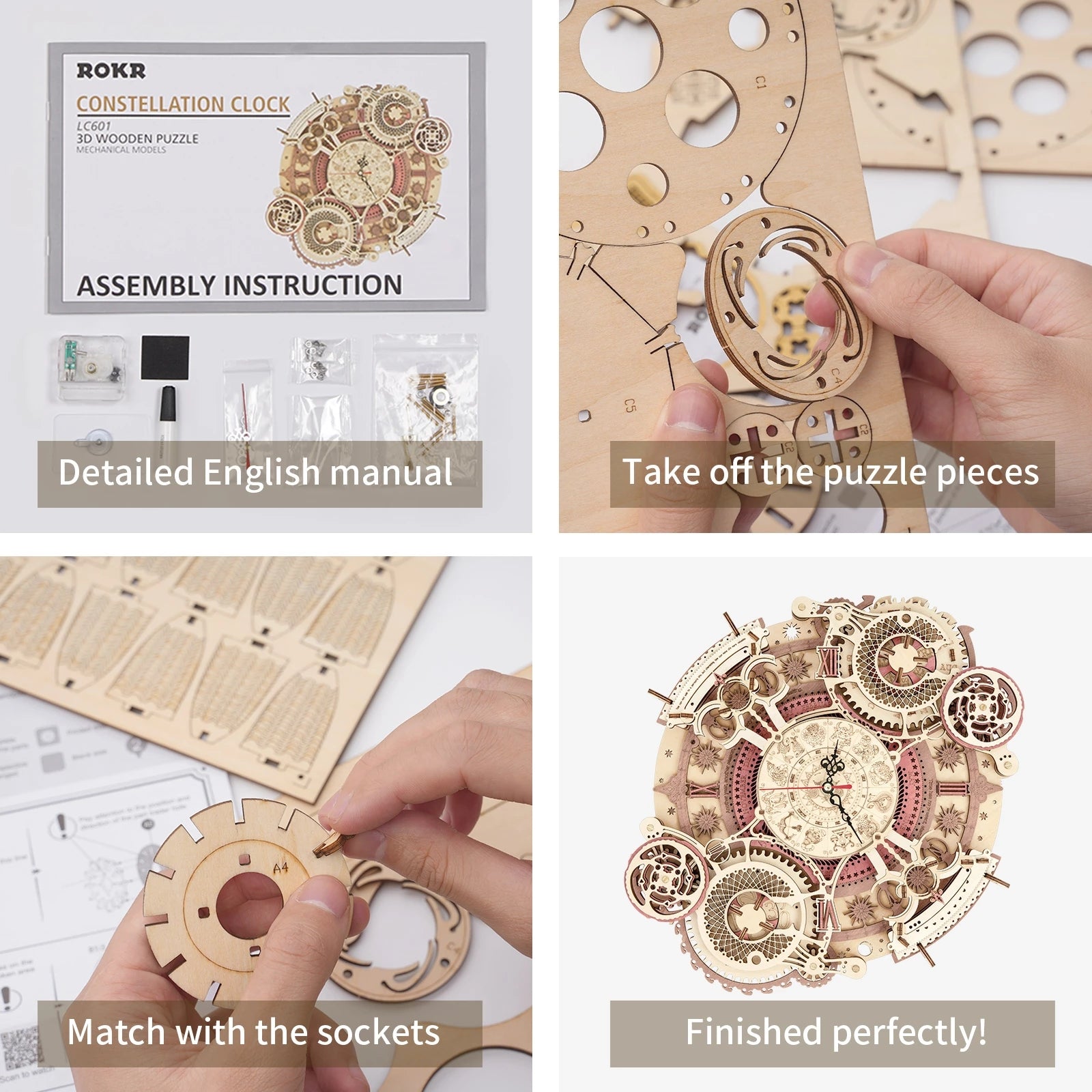 Horloge murale Robotime ROKR Zodiaque, puzzle 3D en bois à assembler, jouet cadeau pour enfants et adolescents LC601.