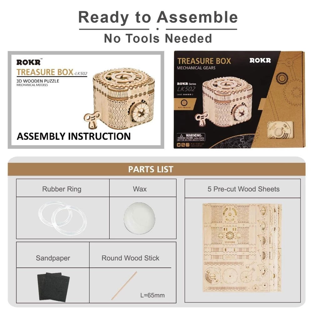 Robotime Rokr Coffre au trésor 123 pièces, jeu de puzzle 3D en bois créatif à assembler, cadeau Chris pour enfants, adultes et adolescents