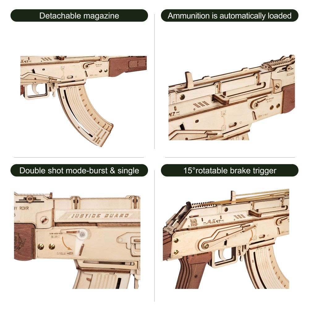 Fusil automatique Rokr AK-47, cadeau pour garçons, puzzle en bois, modèle à double tir
