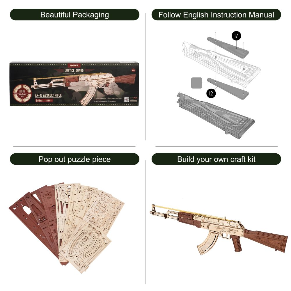 Fusil automatique Rokr AK-47, cadeau pour garçons, puzzle en bois, modèle à double tir