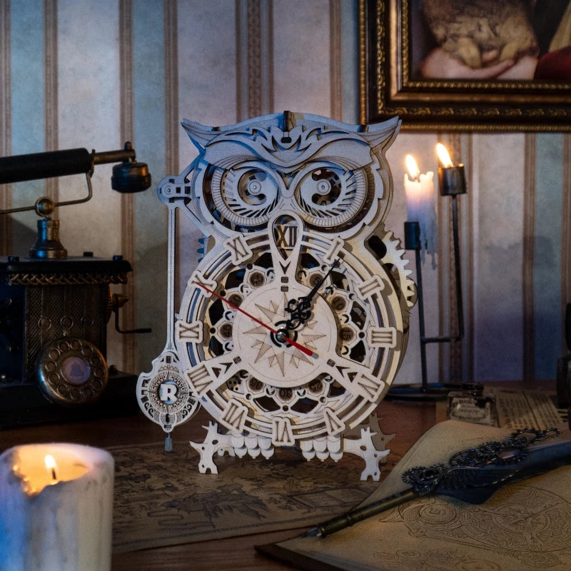 Robotime Rokr Jouets créatifs à monter soi-même Horloge hibou 3D en bois Kit de construction pour enfants Cadeaux de Noël Décoration intérieure LK503