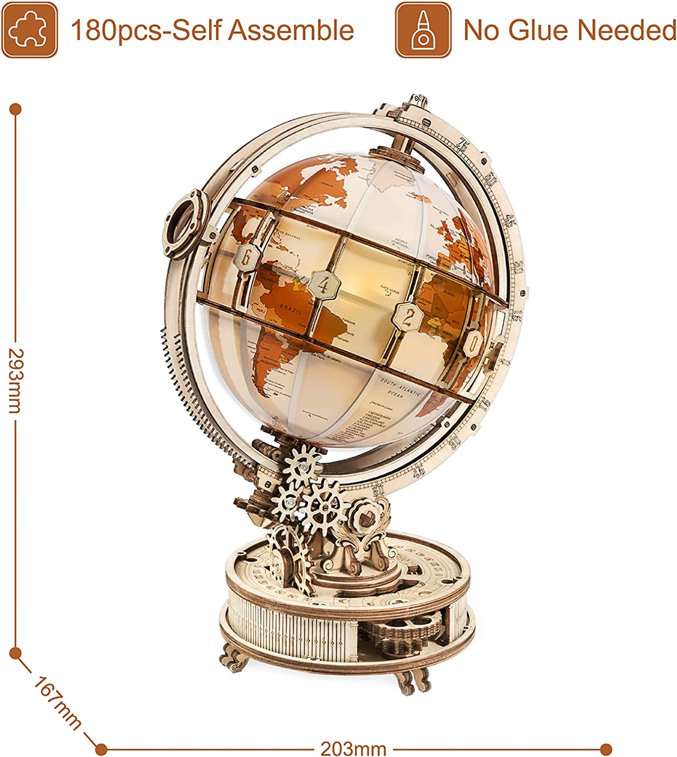 Rokr Globe Lumineux 3D en Bois - Kit de Construction de Modèle en Bois 180 Pièces - Jouet