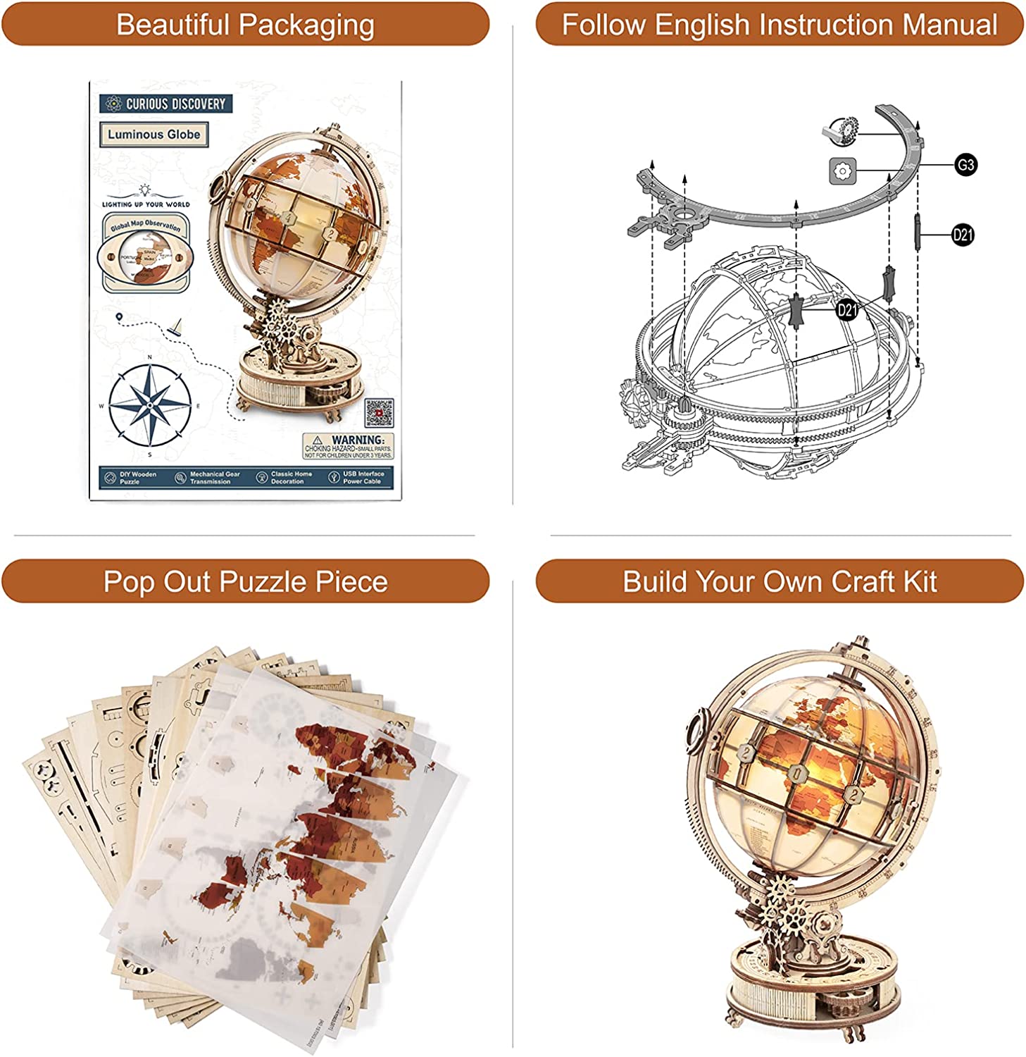 Rokr Globe Lumineux 3D en Bois - Kit de Construction de Modèle en Bois 180 Pièces - Jouet
