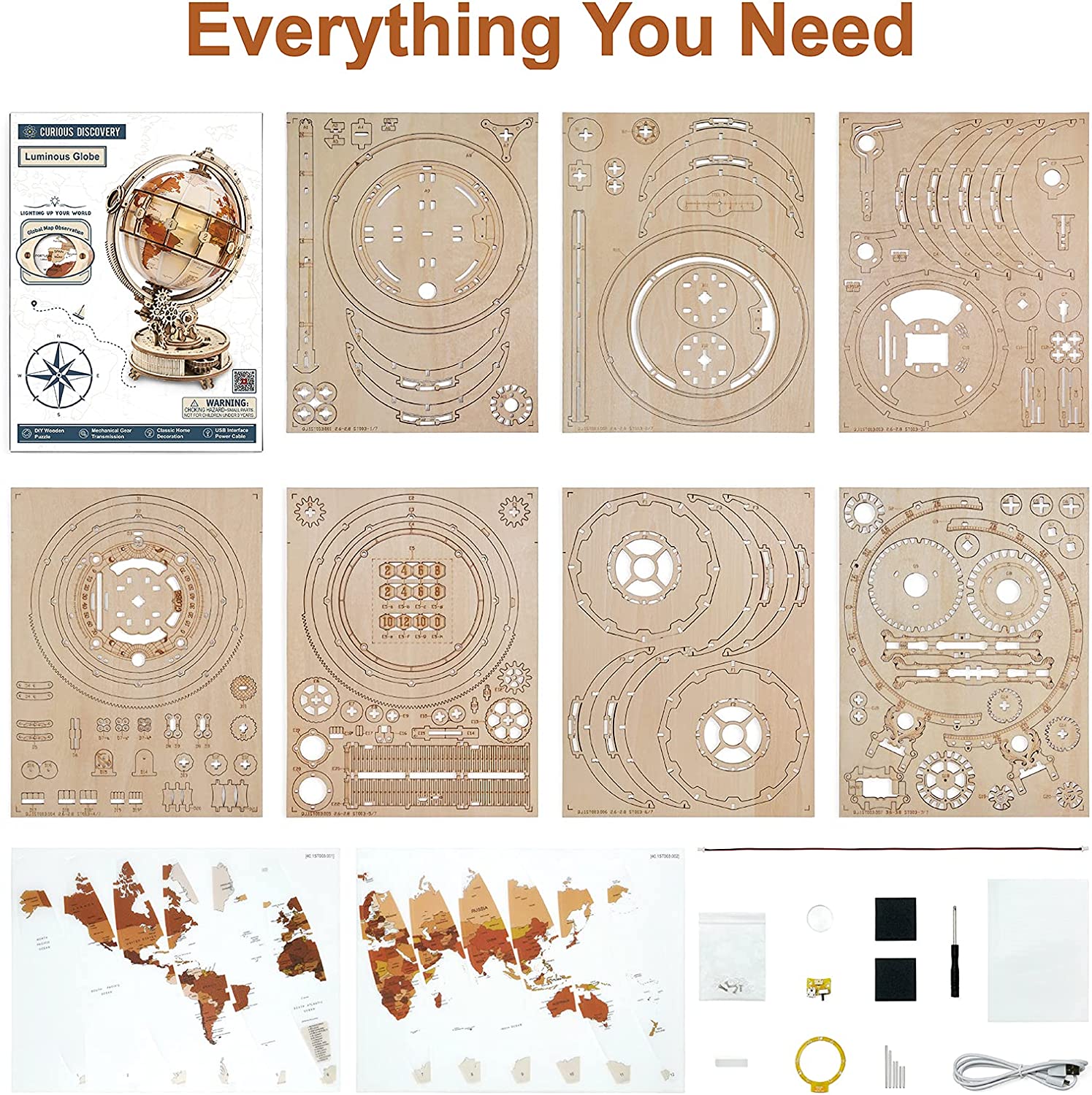 Rokr Globe Lumineux 3D en Bois - Kit de Construction de Modèle en Bois 180 Pièces - Jouet