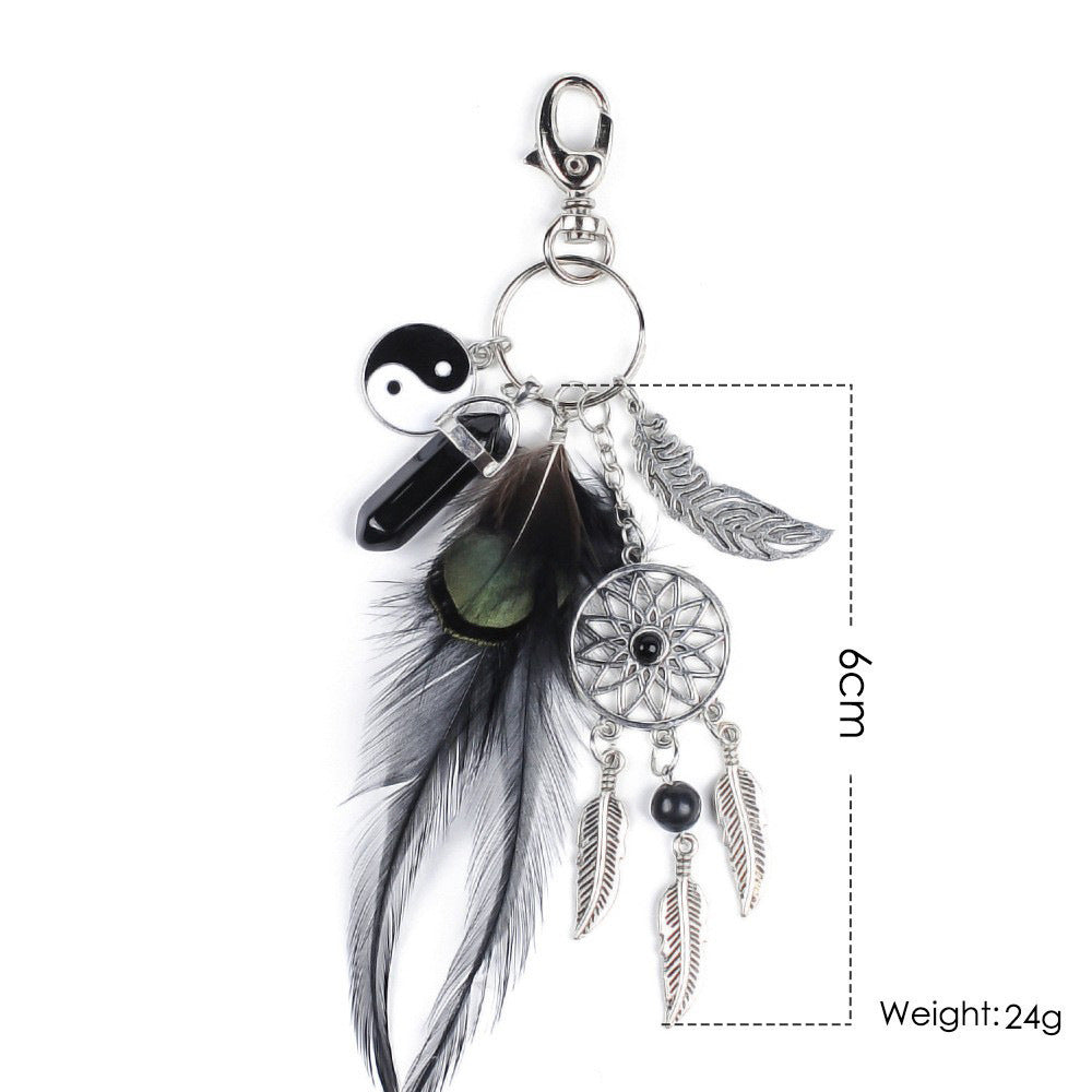 Pendentif porte-clés de voiture bohème attrape-rêves en plume et opale, alliage et métal.