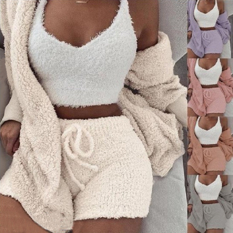 Ensemble pyjama 3 pièces pour femme : débardeur court à manches longues et short à cordon