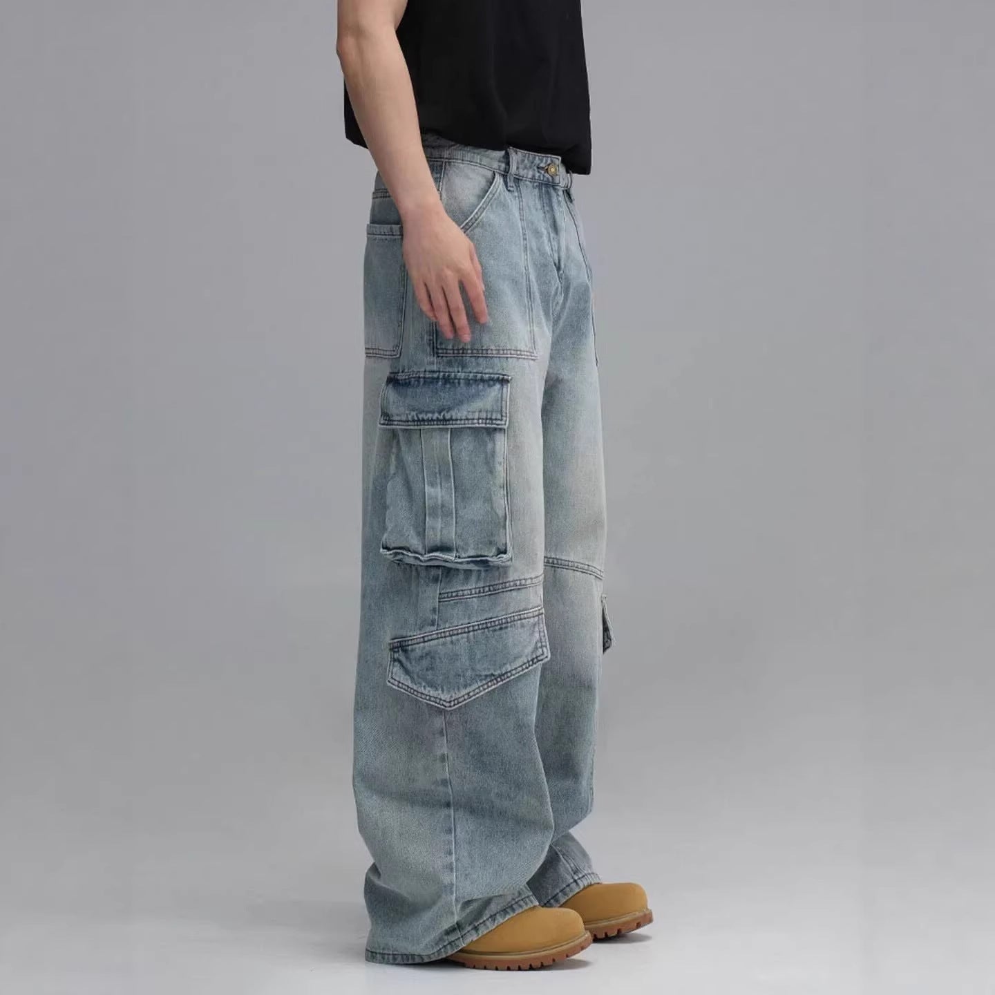 Jean de travail délavé multipoches pour homme, pantalon décontracté à jambes larges