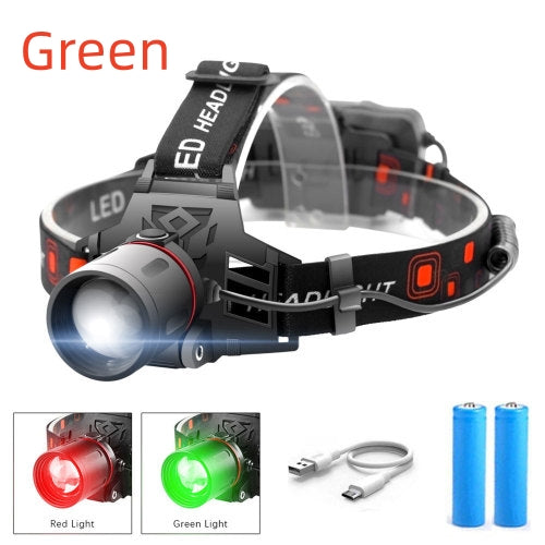 Lampe frontal, Phare zoom T6 à lumière blanche, verte et rouge