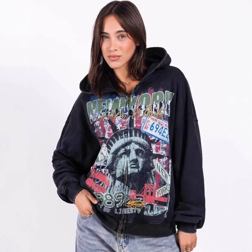 Sweat à capuche zippé imprimé vintage délavé style streetwear
