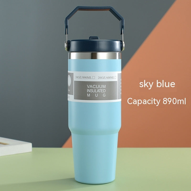 Gobelet de voiture portable en acier inoxydable, gourde de sport et de voyage avec poignée et couvercle, tasse à café