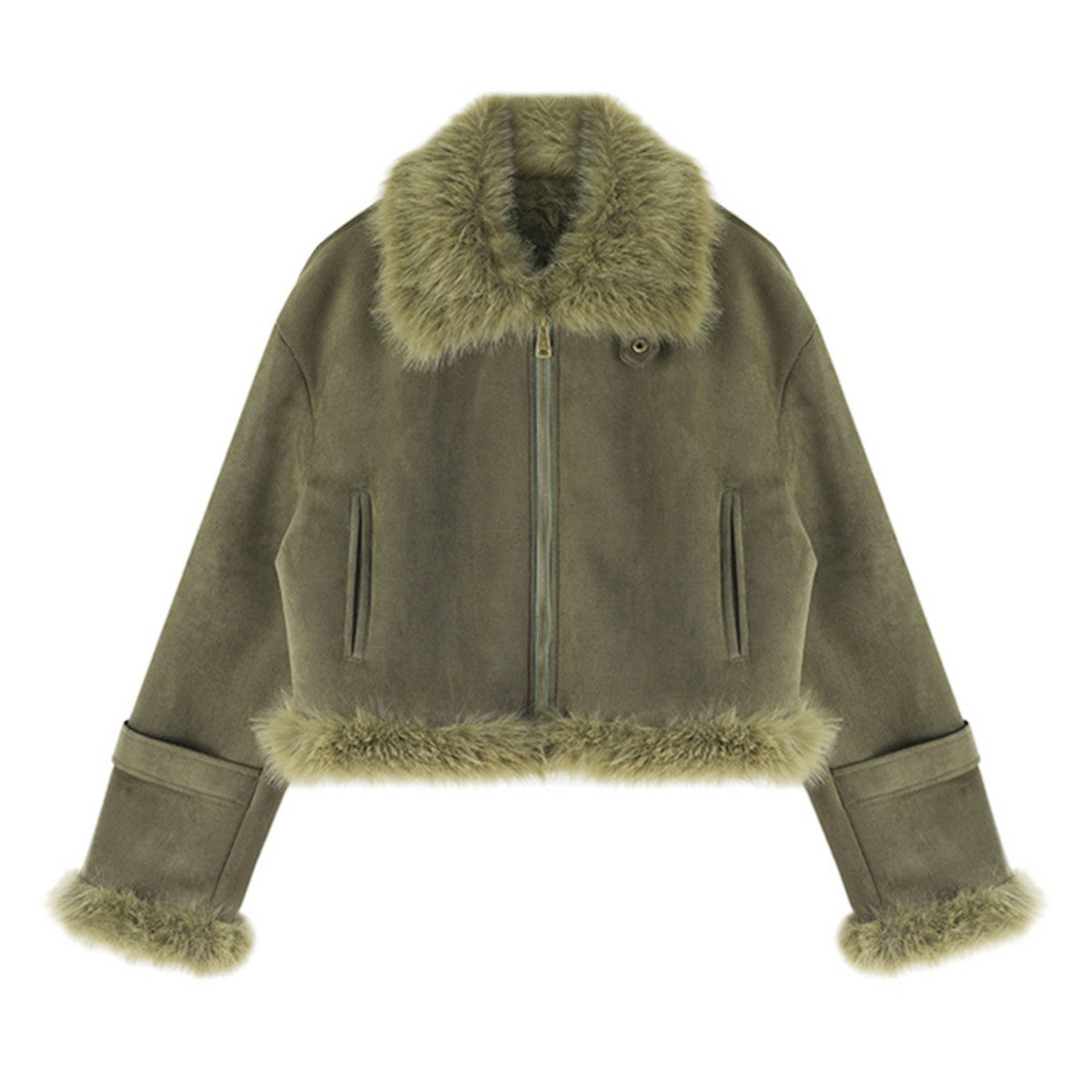 Veste courte style motard en cuir et fourrure doublée de daim