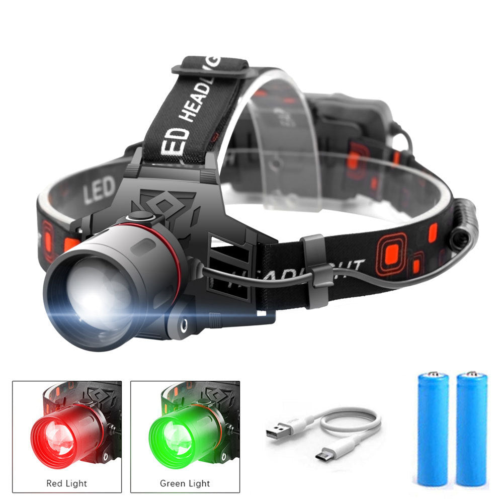 Lampe frontal, Phare zoom T6 à lumière blanche, verte et rouge