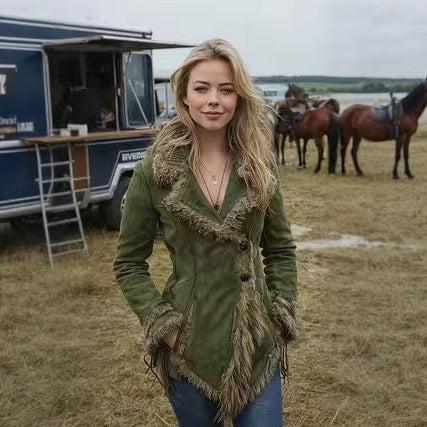 Manteau rétro en daim pour femme avec col et revers en fourrure