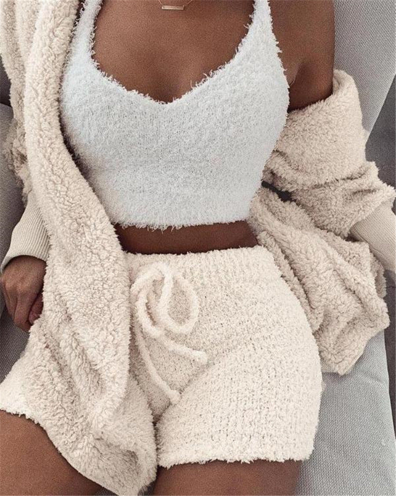 Ensemble pyjama 3 pièces pour femme : débardeur court à manches longues et short à cordon