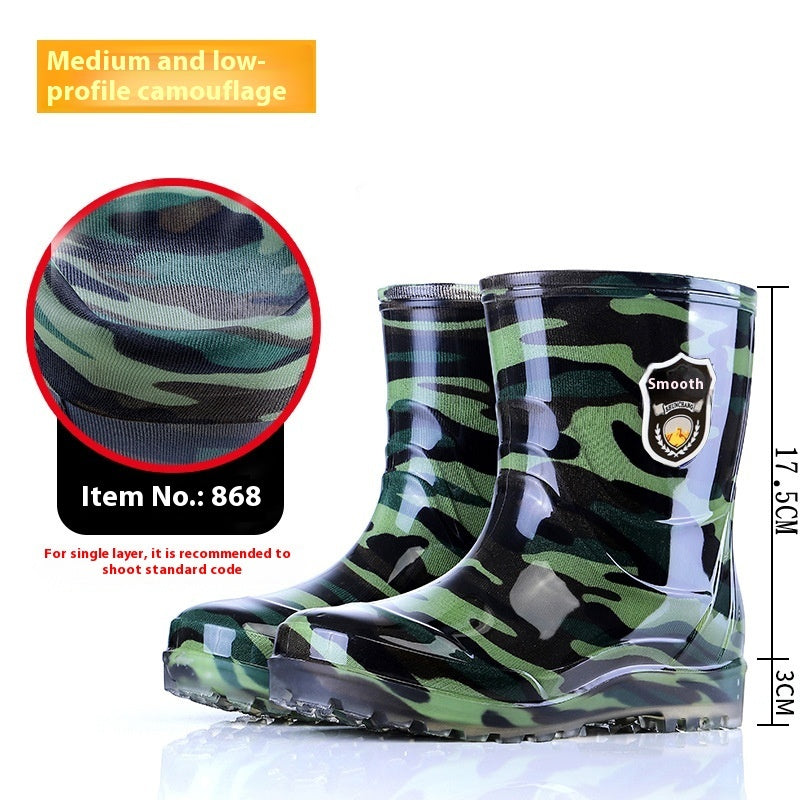Bottes de pluie chaudes et résistantes à l'usure, doublées en polaire, à semelle en cuir camouflage et semelle en cuir pour homme.