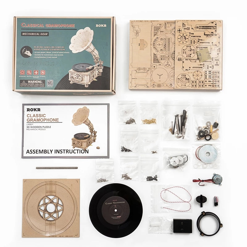 Robotime ROKR Kit de construction de gramophone classique à manivelle en bois, puzzle, jouet à assembler, cadeau pour enfants LKB01