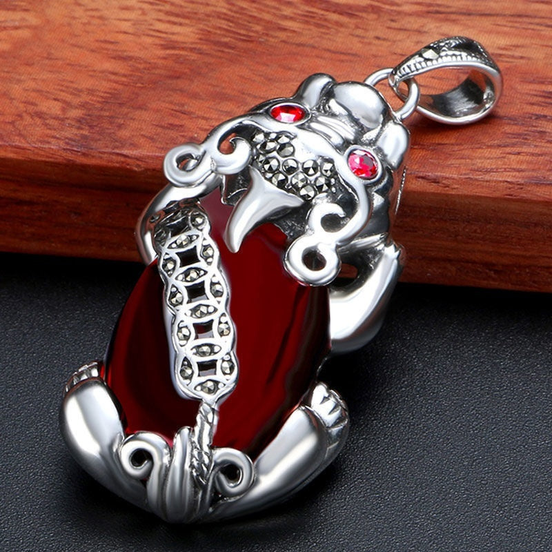 Collier en argent pur 999 Pi Xiu et grenat pour femme