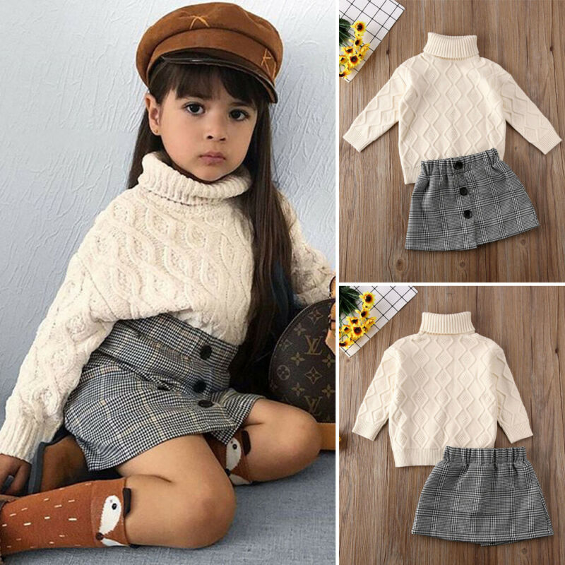 Ensemble fille - Pull col roulé et jupe à carreaux