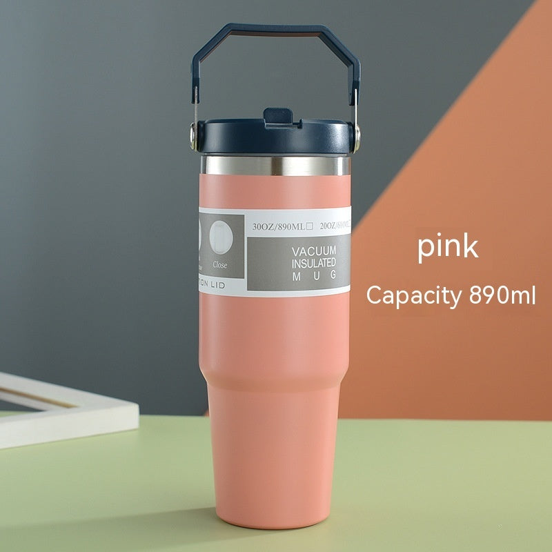 Gobelet de voiture portable en acier inoxydable, gourde de sport et de voyage avec poignée et couvercle, tasse à café