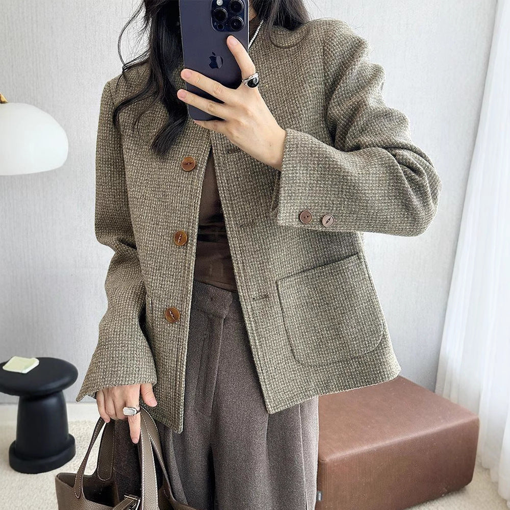 Manteau élégant en tweed vintage à col rond pour femme