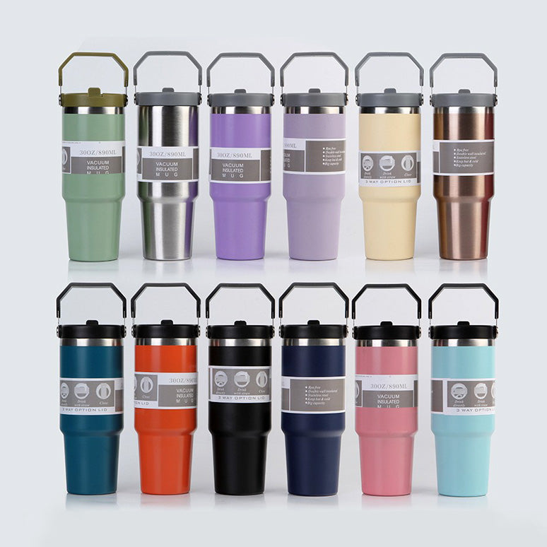 Gobelet de voiture portable en acier inoxydable, gourde de sport et de voyage avec poignée et couvercle, tasse à café