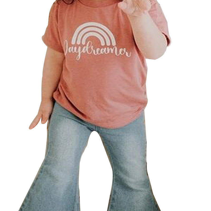 Ensemble fille - T-shirt arc-en-ciel et jean délavé
