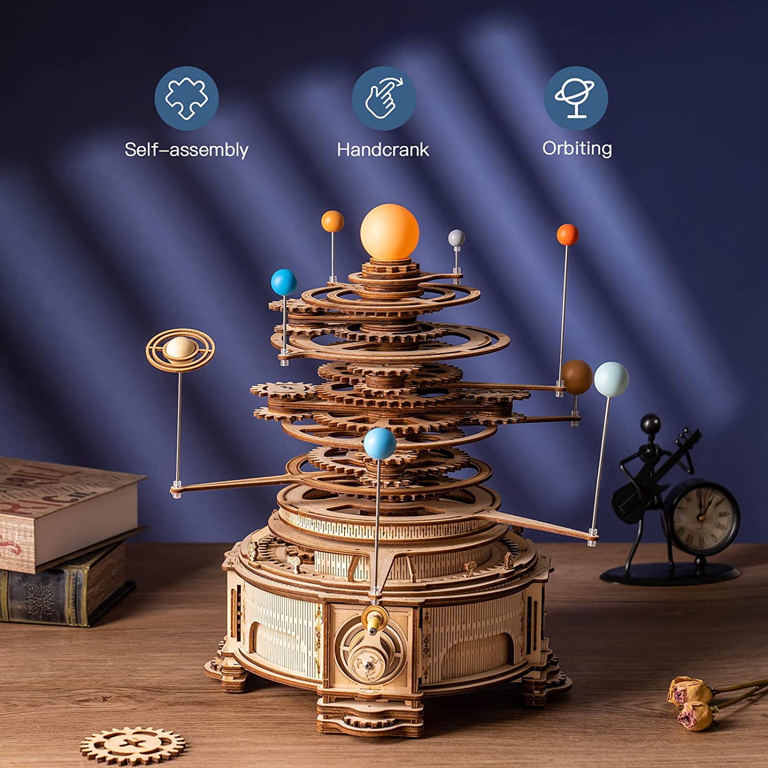 Robotime ROKR 316PCS Planétarium mécanique rotatif 3D en bois, jeu de puzzle, kit de construction de modèle, jouet, cadeau pour enfants et garçons