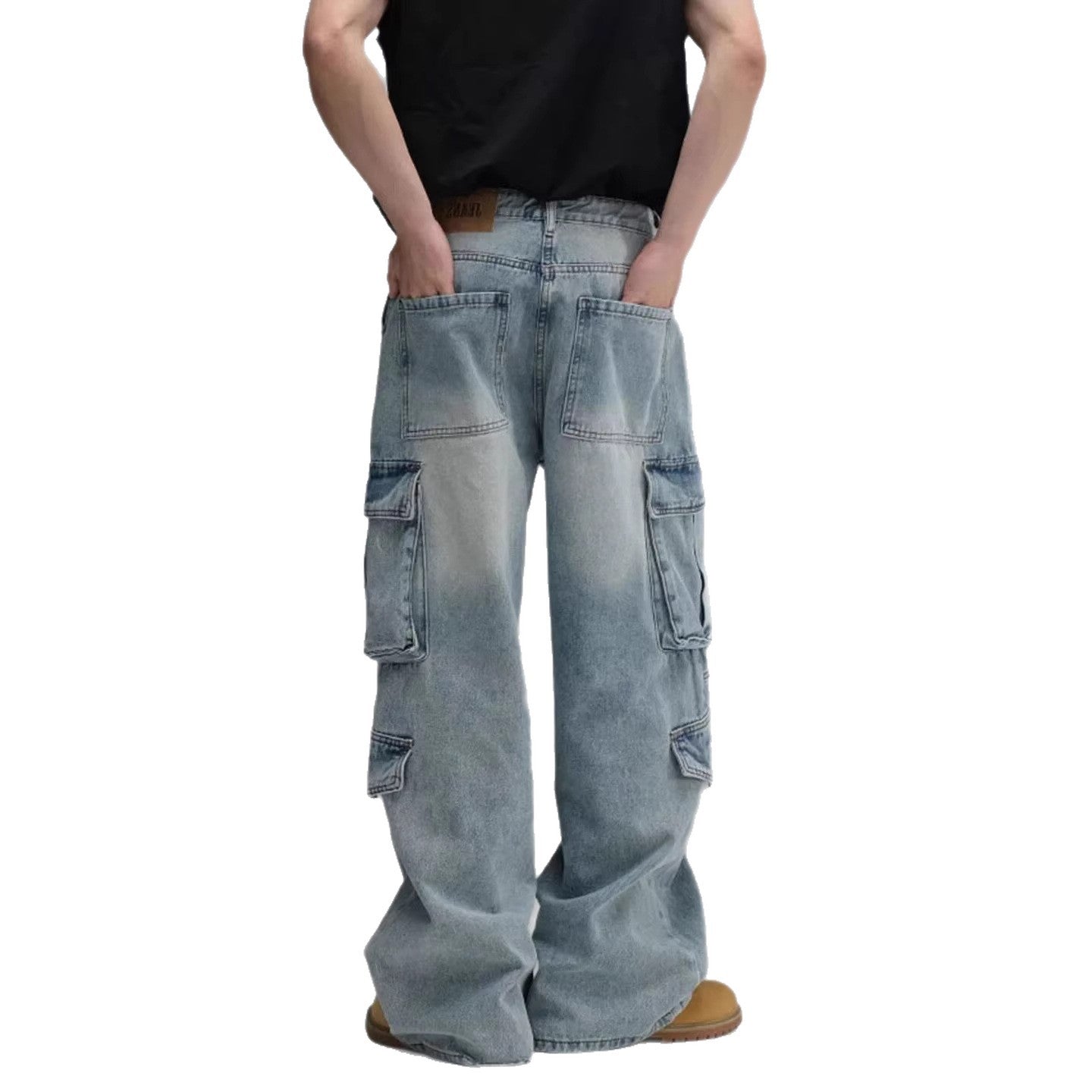 Jean de travail délavé multipoches pour homme, pantalon décontracté à jambes larges