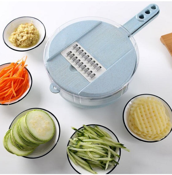 Mandoline 8 en 1 avec passoire intégrée, coupe-légumes et épluche-pommes de terre. Accessoires de cuisine.