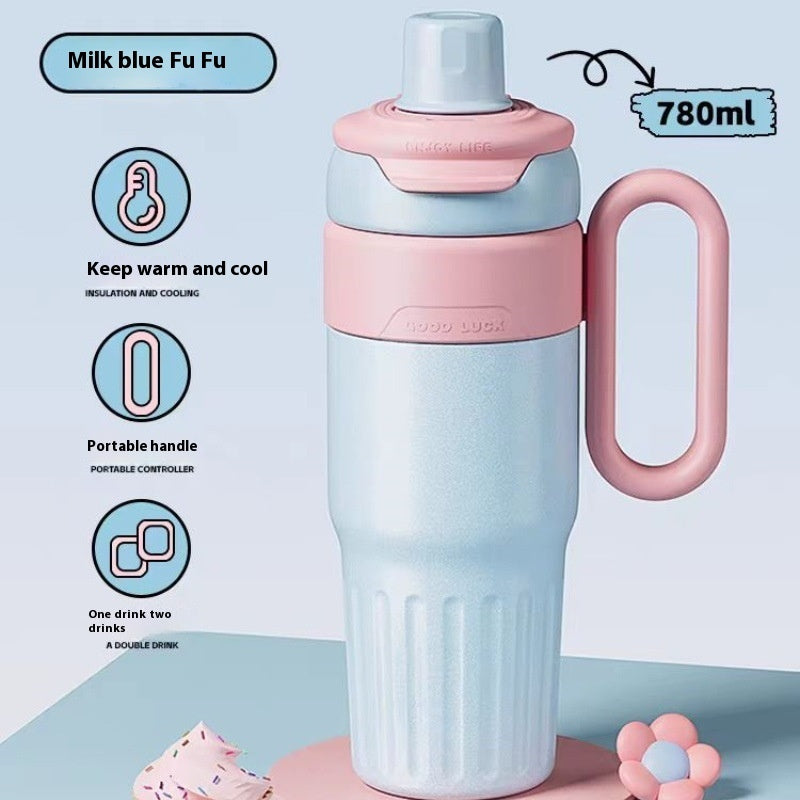 Gobelet isotherme double de 780 ml en acier inoxydable avec couvercle, grande capacité, avec paille, pour hommes et femmes.