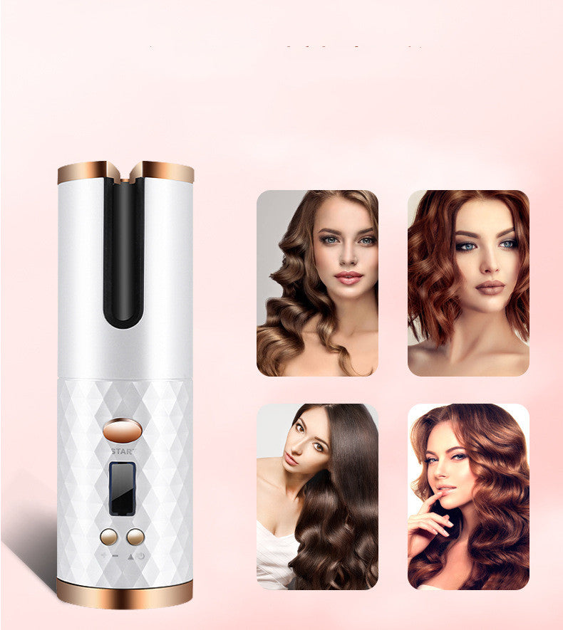 Fer à boucler automatique rechargeable pour femmes, portable, avec écran LCD et surface rotative en céramique pour créer des boucles ondulées.