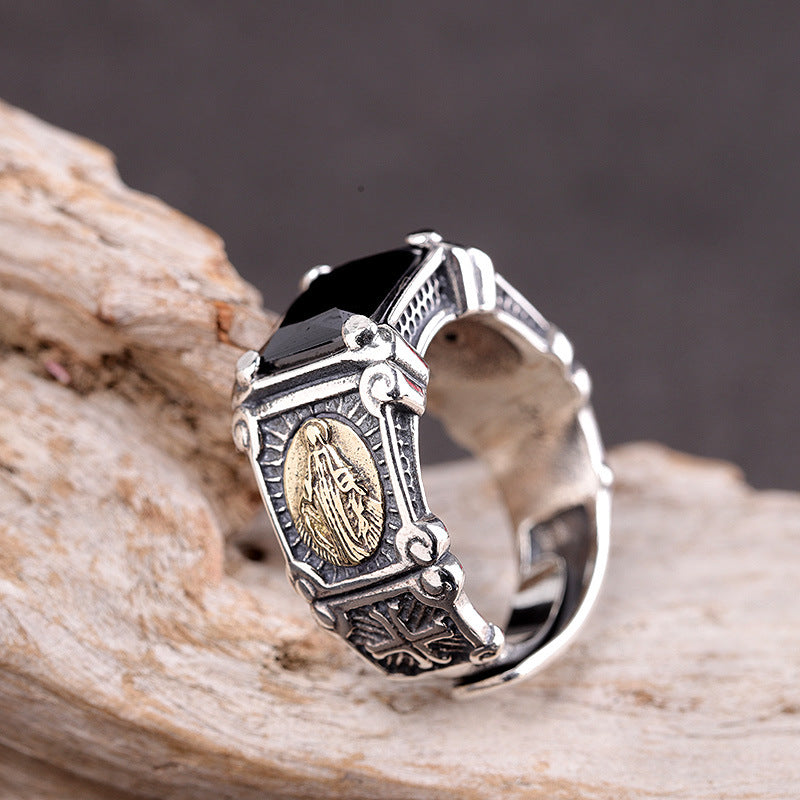 Bague pour homme en argent S925 incrustée d'onyx noir, représentant la Vierge Marie.