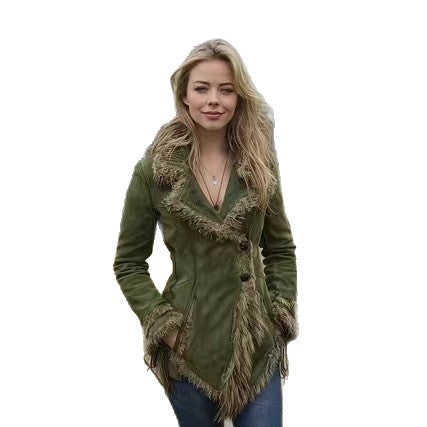 Manteau rétro en daim pour femme avec col et revers en fourrure