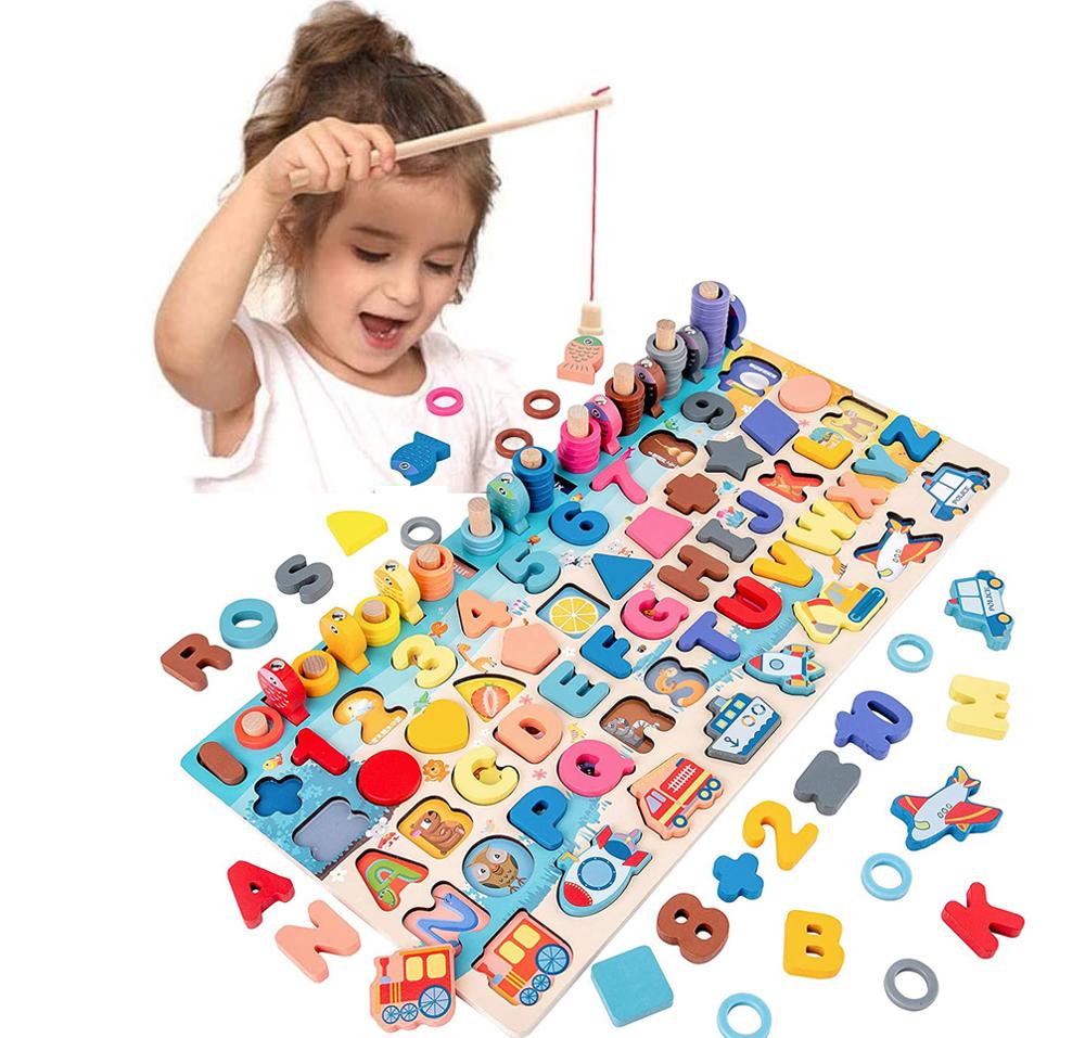 Jouets éducatifs Montessori en bois pour enfants : tableau de pêche mathématique, jeux Montessori pour les enfants de 1 à 3 ans.