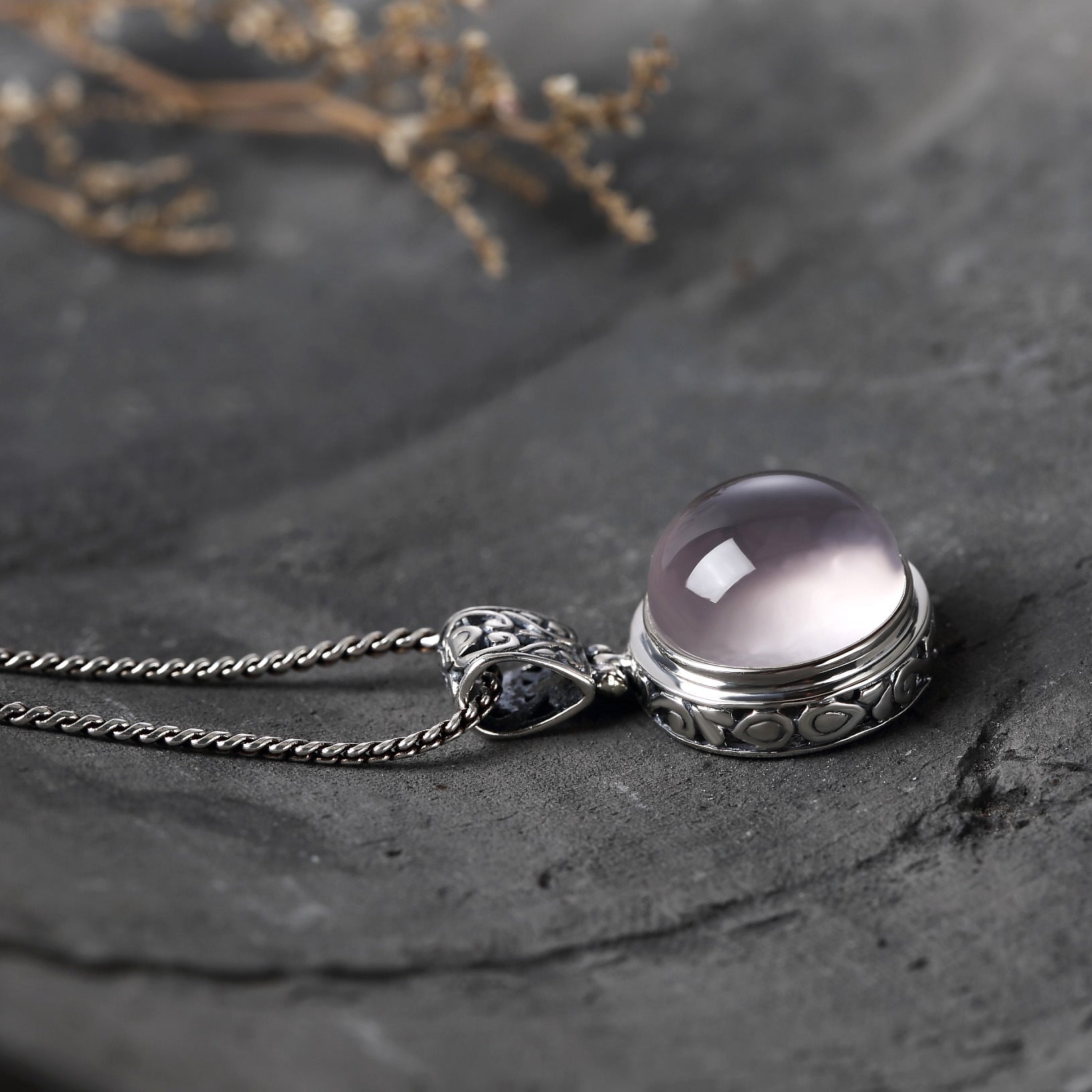 Collier en argent S925 et quartz Ross naturel pour femme