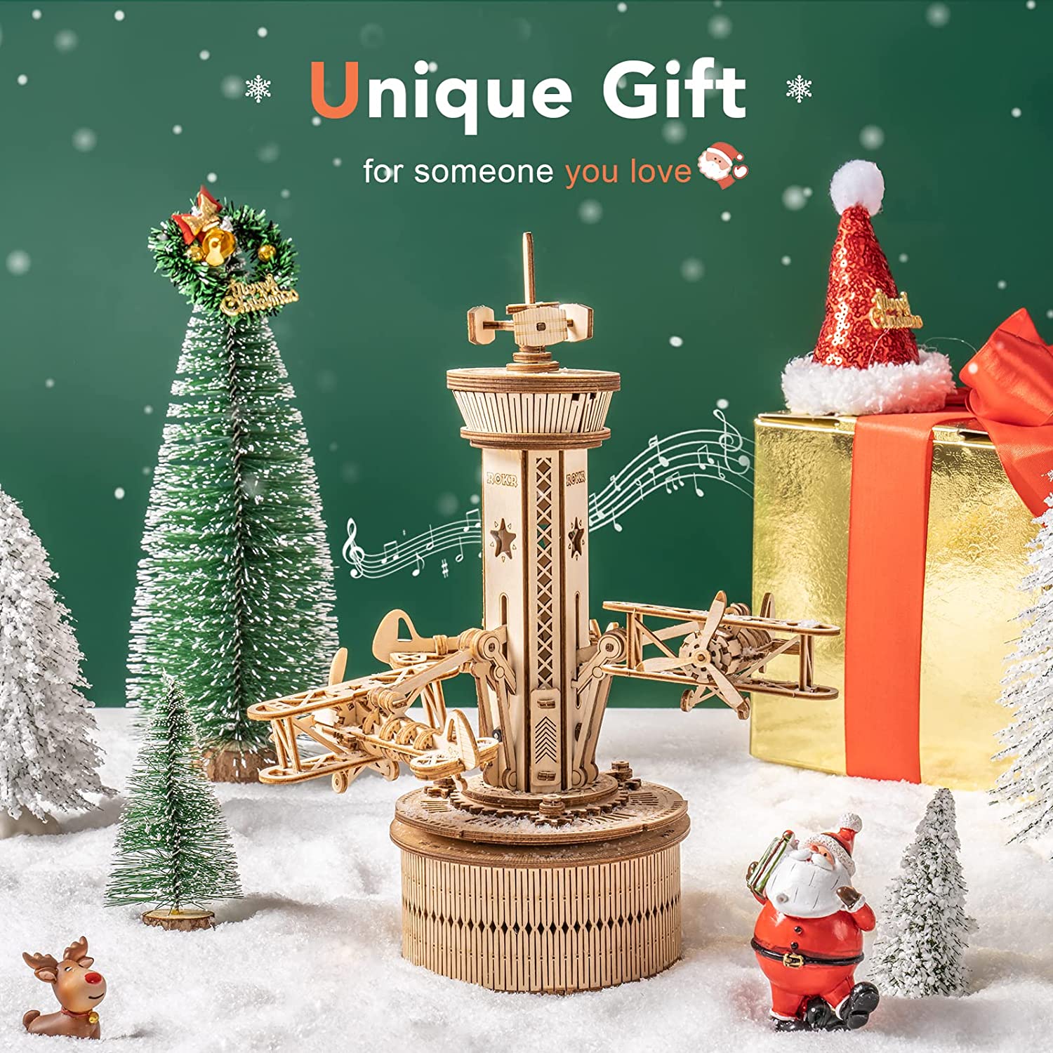 Robotime Rokr Puzzles 3D en bois pour adultes - Kit de construction de boîte à musique à monter soi-même - Avion - Tour de contrôle