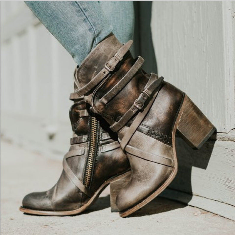 Bottines rétro pour femmes à talons hauts et épais, fermeture éclair latérale et détails à boucle