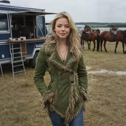 Manteau rétro en daim pour femme avec col et revers en fourrure
