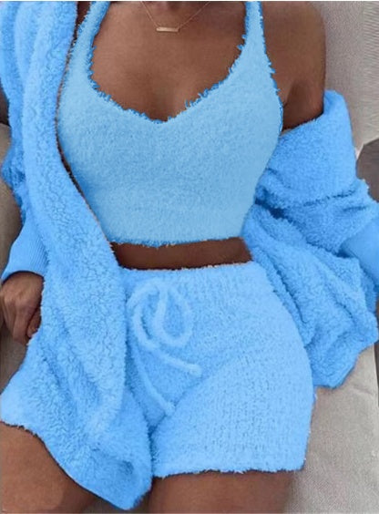 Ensemble pyjama 3 pièces pour femme : débardeur court à manches longues et short à cordon