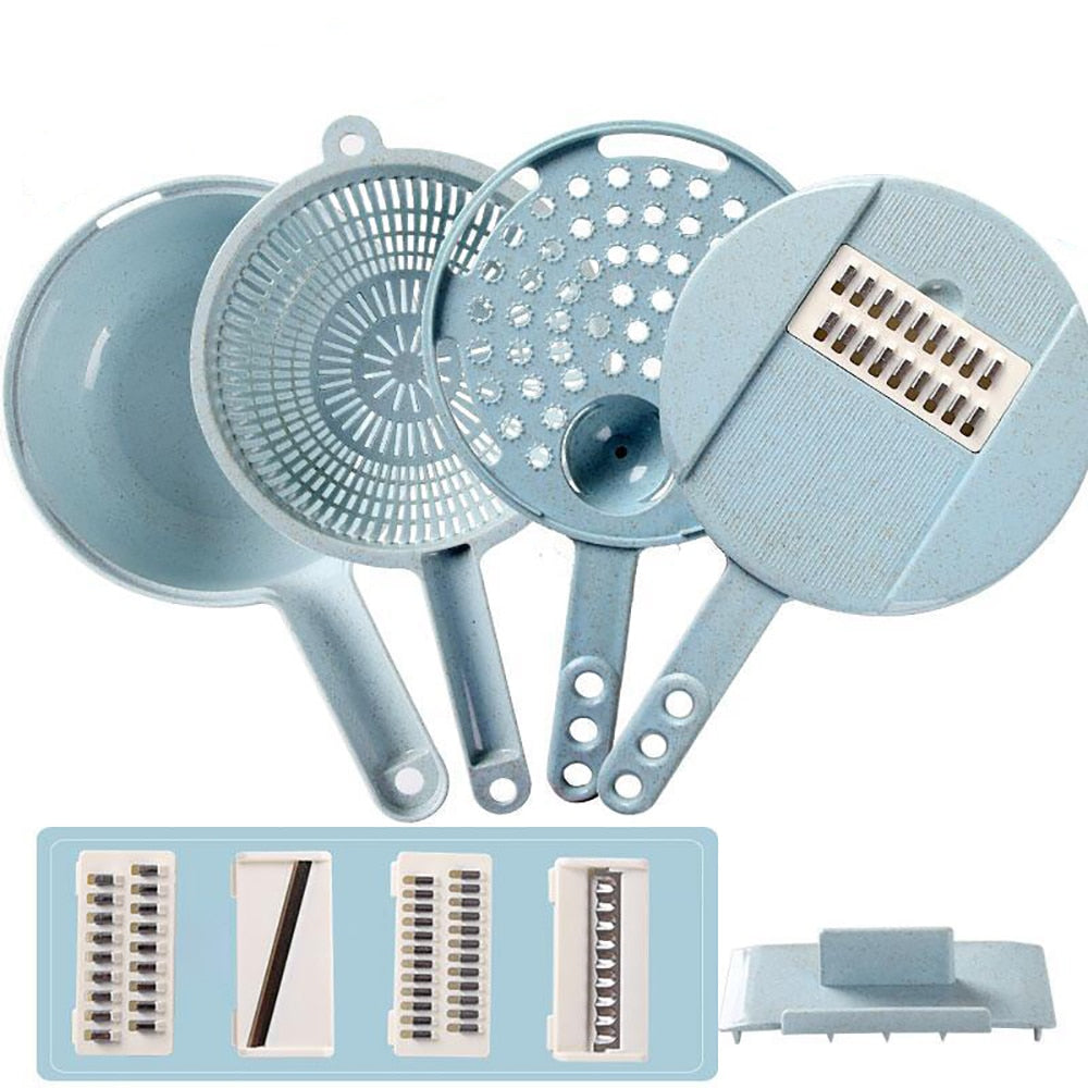 Mandoline 8 en 1 avec passoire intégrée, coupe-légumes et épluche-pommes de terre. Accessoires de cuisine.