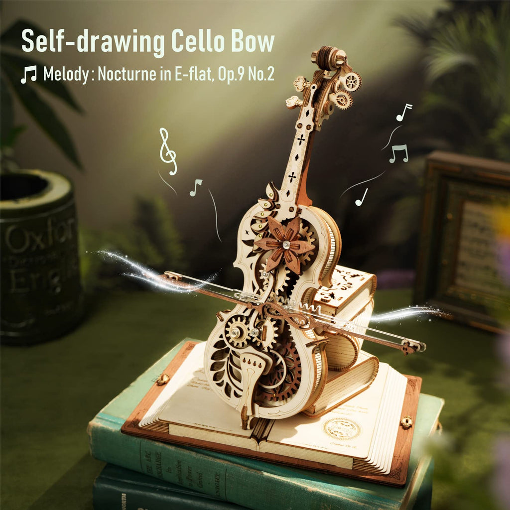 Robotime ROKR Boîte à musique mécanique en forme de violoncelle magique, tige mobile, jouet amusant et créatif pour enfants, puzzle 3D en bois AMK63