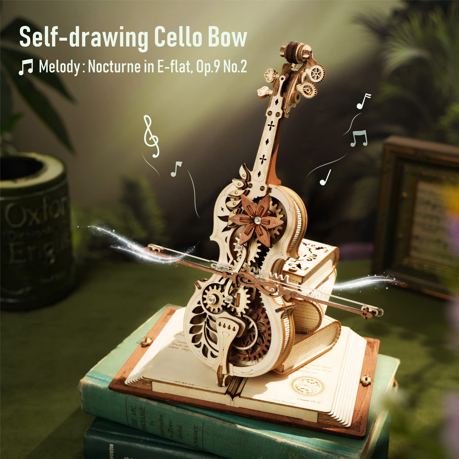 Robotime ROKR Boîte à musique mécanique en forme de violoncelle magique, tige mobile, jouet amusant et créatif pour enfants, puzzle 3D en bois AMK63