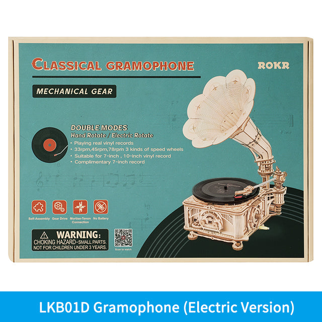 Robotime ROKR Kit de construction de gramophone classique à manivelle en bois, puzzle, jouet à assembler, cadeau pour enfants LKB01