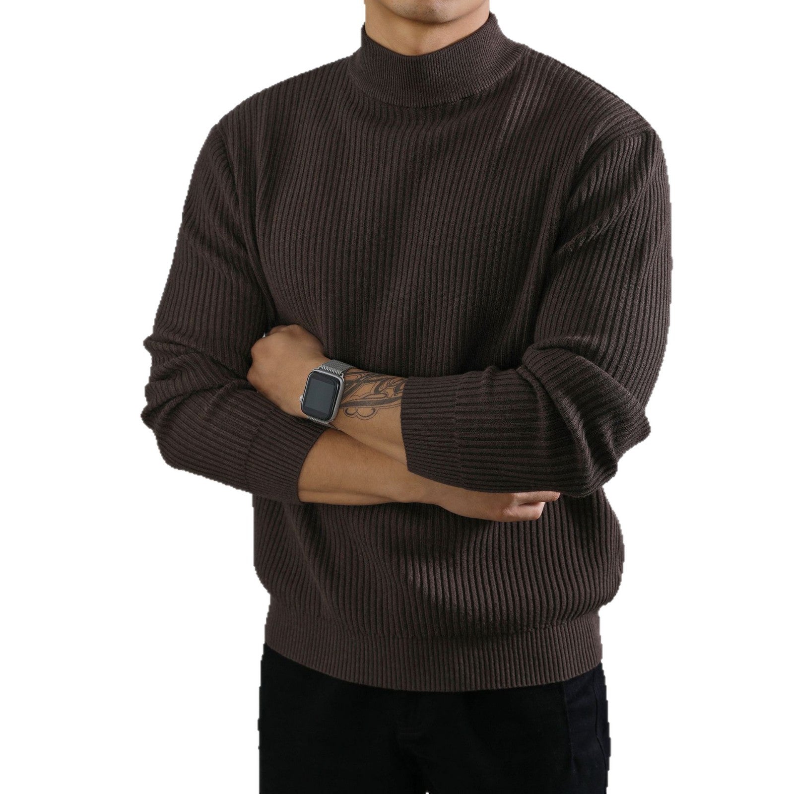 Pull mi-col roulé chaud pour homme, style coréen, à rayures verticales, idéal pour la superposition