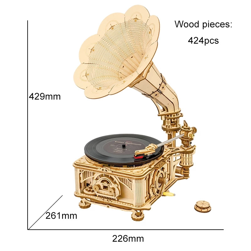 Robotime ROKR Kit de construction de gramophone classique à manivelle en bois, puzzle, jouet à assembler, cadeau pour enfants LKB01
